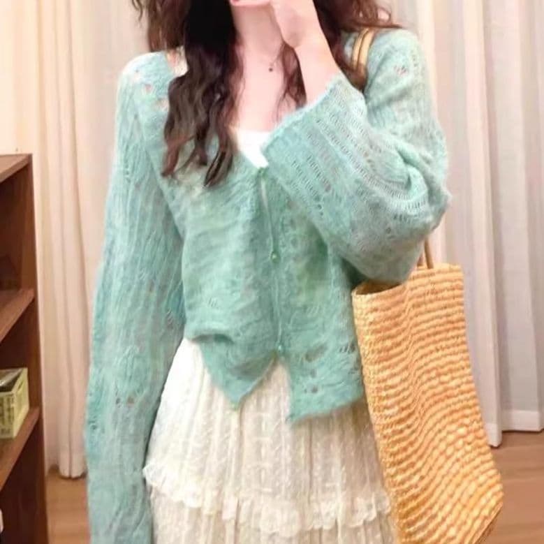 ニットカーディガン ニットカーディガン ふんわり透かし編みモヘアカーディガン