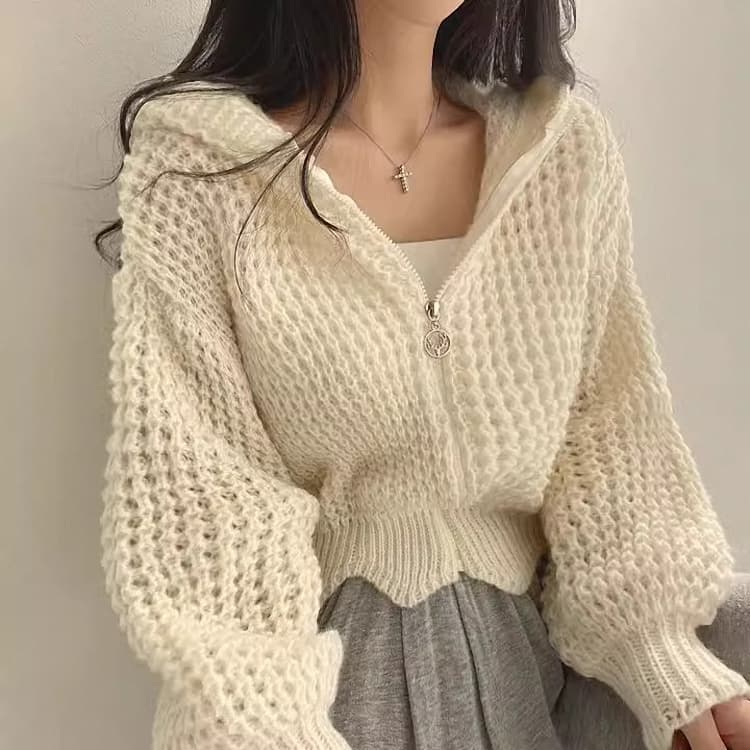 ニットカーディガン ニットカーディガン ふわもこ透かし編みジップカーディガン