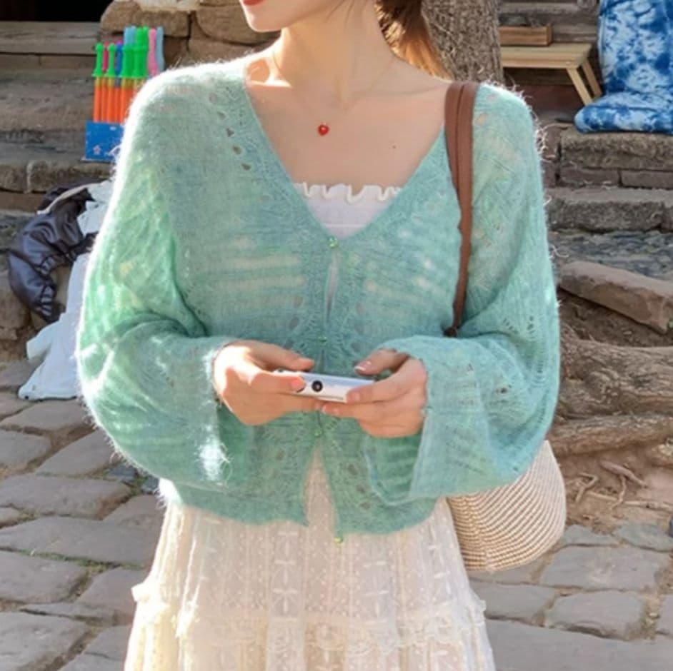 ニットカーディガン 優美シースルー ふんわりニットカーディガン