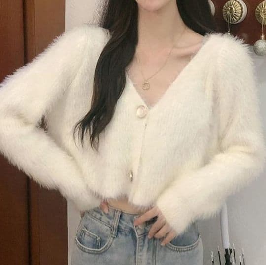 ニットカーディガン ニットカーディガン ふわもこ質感 短丈モヘアカーディガン