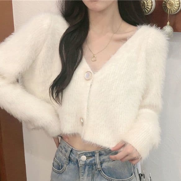 ニットカーディガン ニットカーディガン ふわもこ質感 短丈モヘアカーディガン