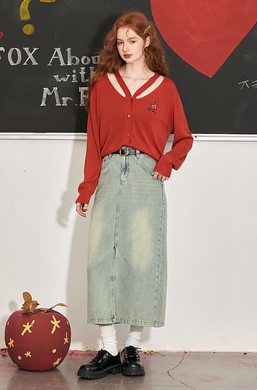 ニットカーディガン りんご刺繍シアー編みカーディガン